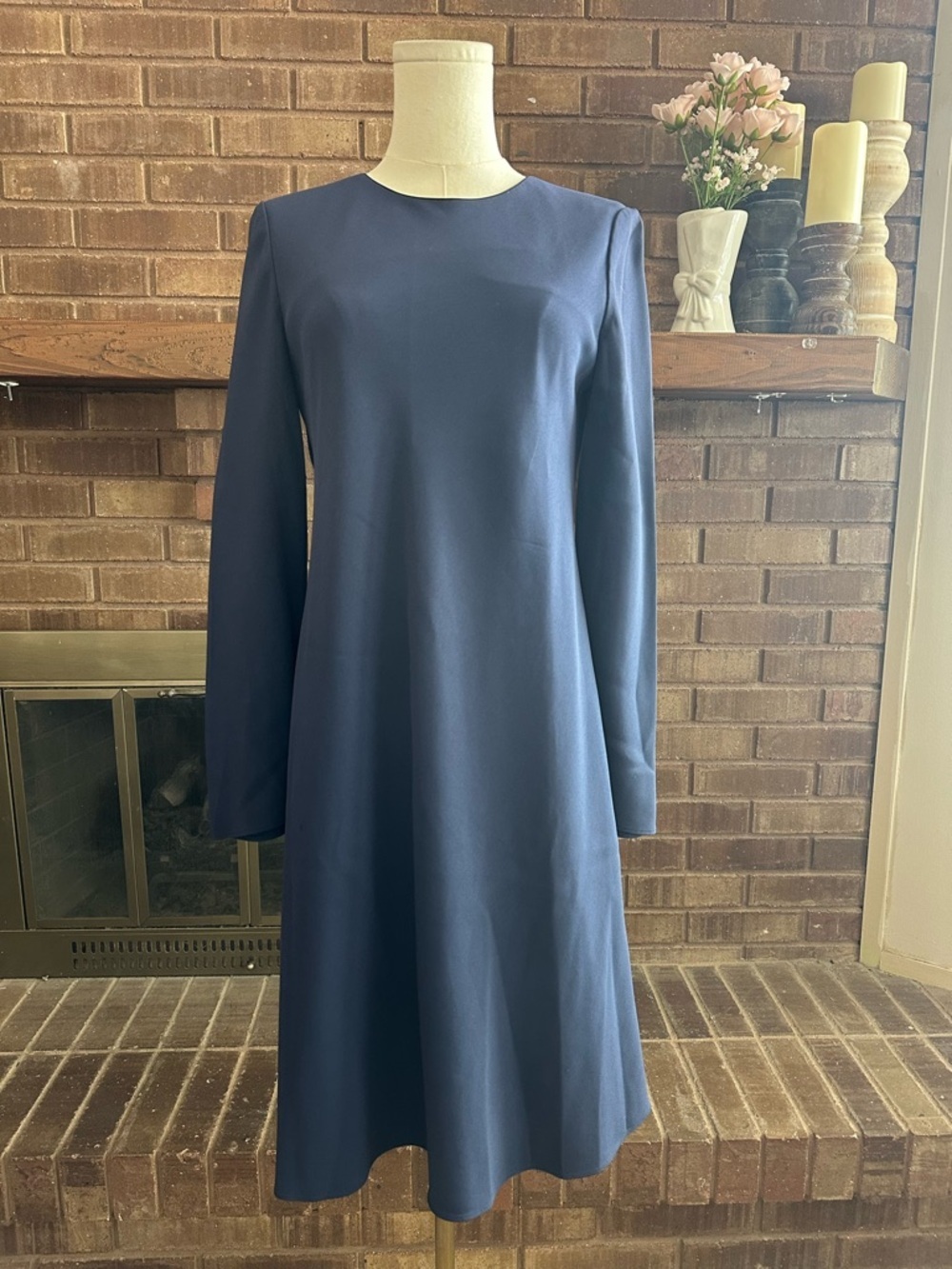 Lafayette 148 New York Finesse Crepe Long Sleeve Shift Dress Blue Small